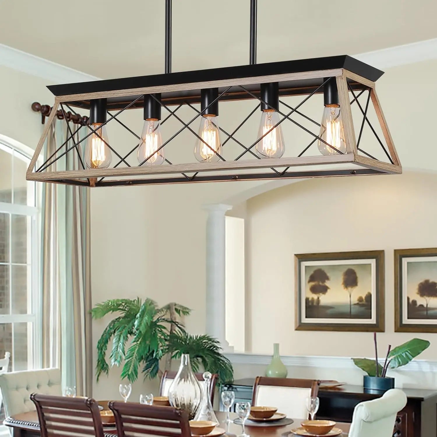 5-Light Pendant Lights Fixture, Farmhouse Chandeliers for Dining Room,【Rustic Style Farmhouse Pendant Light Fixture】The popular dining room lights over table is made from solid steel in geometric shape, concise and decent. Manually bruXIPUDANovacart5 Light Pendant Lights