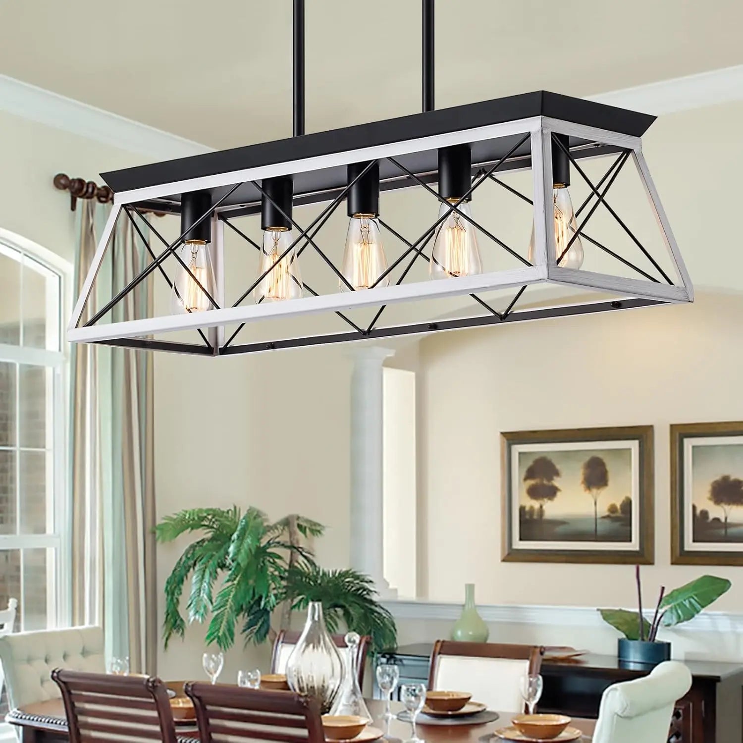 5-Light Pendant Lights Fixture, Farmhouse Chandeliers for Dining Room,【Rustic Style Farmhouse Pendant Light Fixture】The popular dining room lights over table is made from solid steel in geometric shape, concise and decent. Manually bruXIPUDANovacart5 Light Pendant Lights