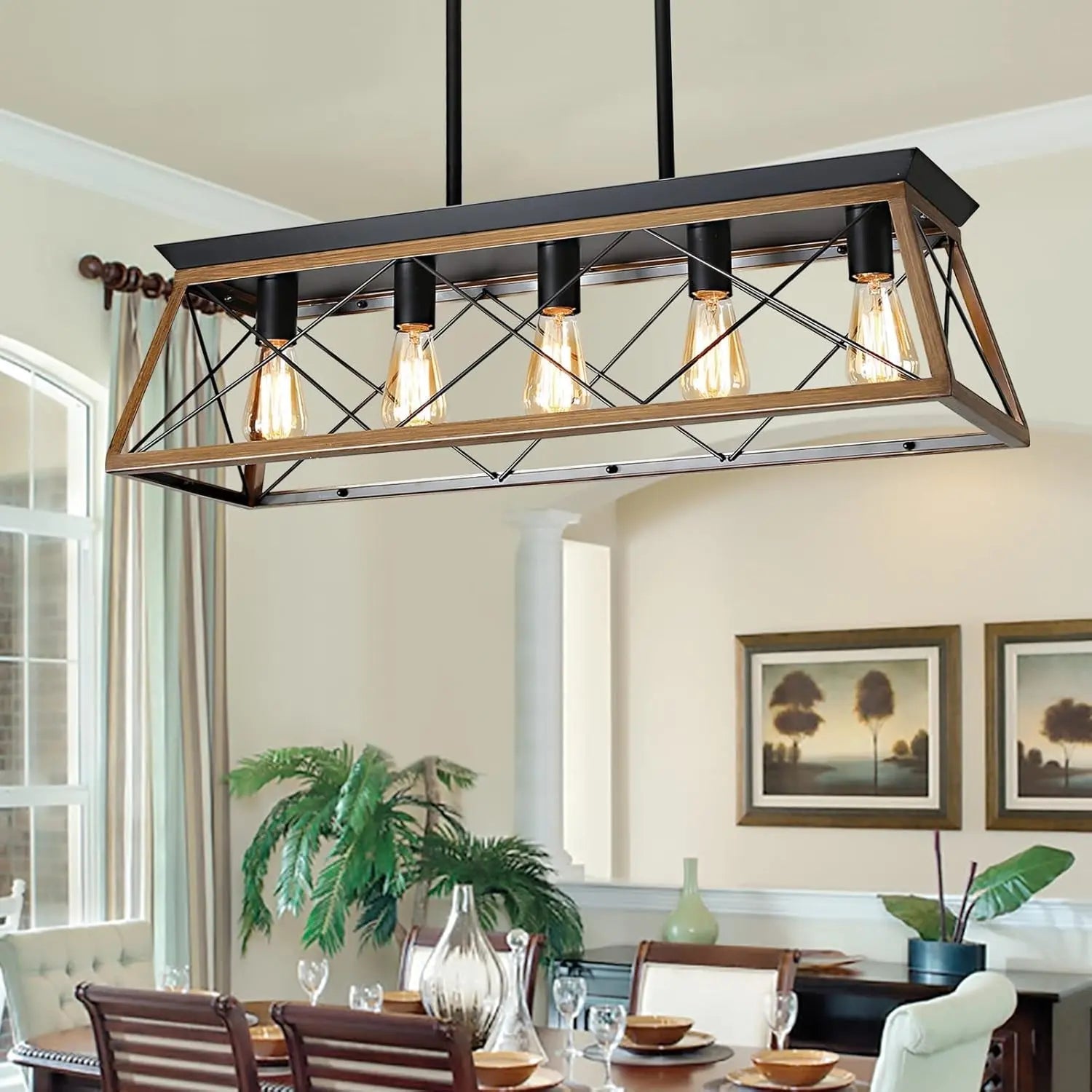 5-Light Pendant Lights Fixture, Farmhouse Chandeliers for Dining Room,【Rustic Style Farmhouse Pendant Light Fixture】The popular dining room lights over table is made from solid steel in geometric shape, concise and decent. Manually bruXIPUDANovacart5 Light Pendant Lights