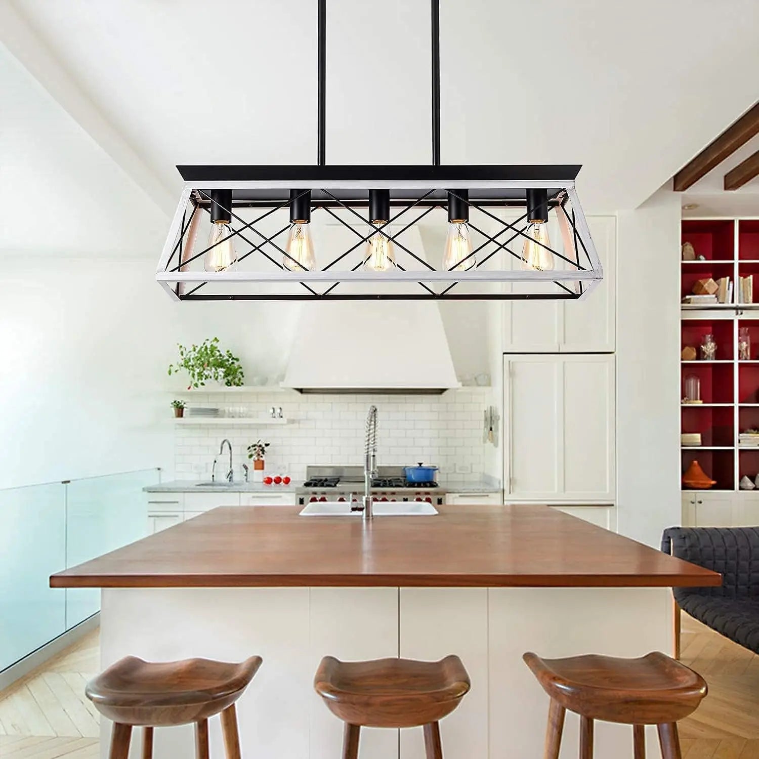 5-Light Pendant Lights Fixture, Farmhouse Chandeliers for Dining Room,【Rustic Style Farmhouse Pendant Light Fixture】The popular dining room lights over table is made from solid steel in geometric shape, concise and decent. Manually bruXIPUDANovacart5 Light Pendant Lights
