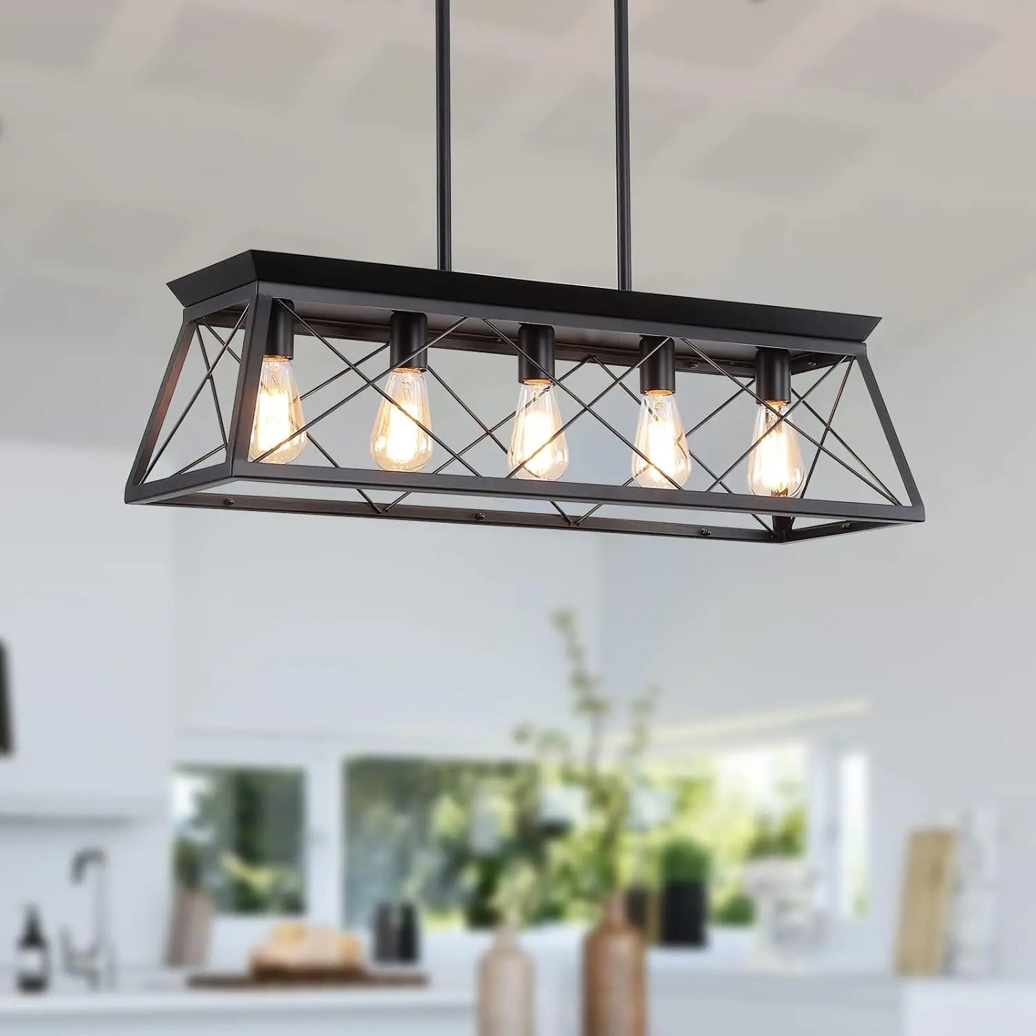 5-Light Pendant Lights Fixture, Farmhouse Chandeliers for Dining Room,【Rustic Style Farmhouse Pendant Light Fixture】The popular dining room lights over table is made from solid steel in geometric shape, concise and decent. Manually bruXIPUDANovacart5 Light Pendant Lights