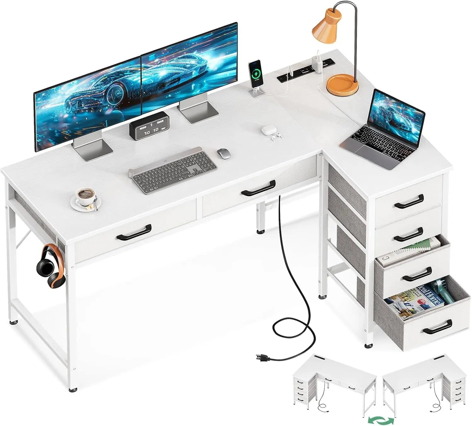 Coleshome 42 Inch L Shaped Desk with Drawers, Computer Desk with Power【L Shaped Desk with Drawers】This home office desk is equipped with 6 fabric drawers. You can put your office supplies or gaming equipments in order and dust-free. ThColeshomeNovacartL Shaped Desk