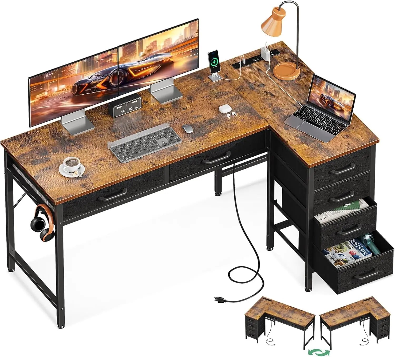Coleshome 42 Inch L Shaped Desk with Drawers, Computer Desk with Power【L Shaped Desk with Drawers】This home office desk is equipped with 6 fabric drawers. You can put your office supplies or gaming equipments in order and dust-free. ThColeshomeNovacartL Shaped Desk
