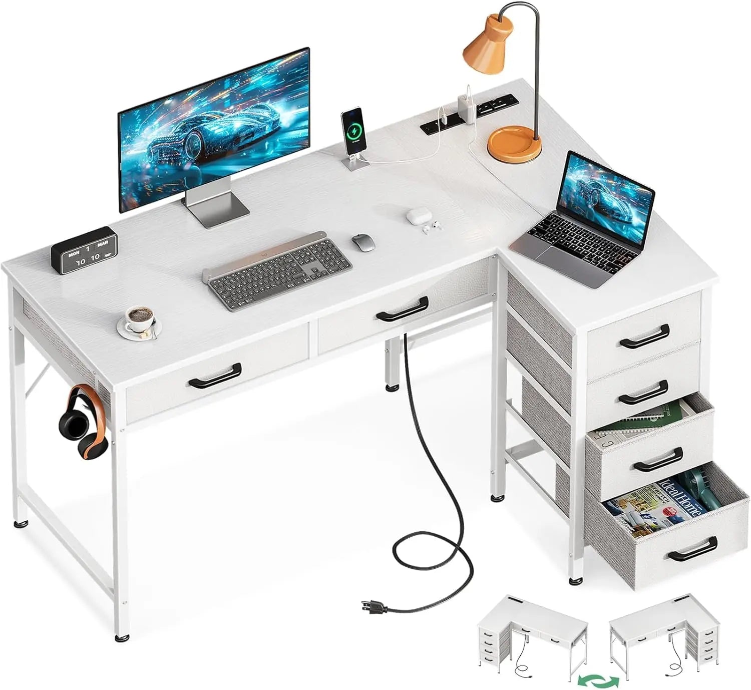 Coleshome 42 Inch L Shaped Desk with Drawers, Computer Desk with Power【L Shaped Desk with Drawers】This home office desk is equipped with 6 fabric drawers. You can put your office supplies or gaming equipments in order and dust-free. ThColeshomeNovacartL Shaped Desk