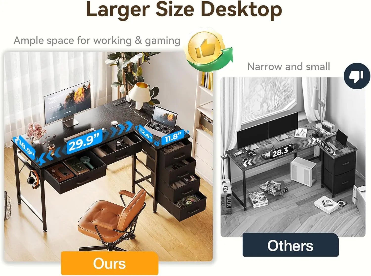 Coleshome 42 Inch L Shaped Desk with Drawers, Computer Desk with Power【L Shaped Desk with Drawers】This home office desk is equipped with 6 fabric drawers. You can put your office supplies or gaming equipments in order and dust-free. ThColeshomeNovacartL Shaped Desk