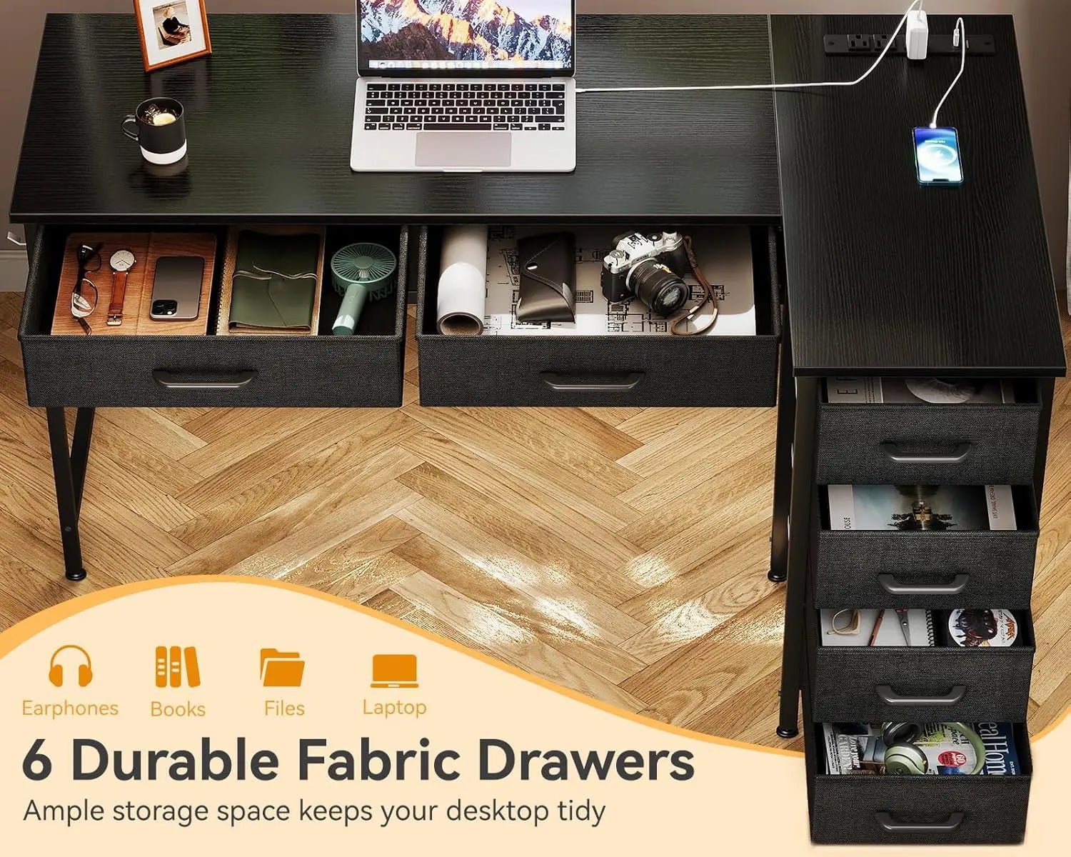 Coleshome 42 Inch L Shaped Desk with Drawers, Computer Desk with Power【L Shaped Desk with Drawers】This home office desk is equipped with 6 fabric drawers. You can put your office supplies or gaming equipments in order and dust-free. ThColeshomeNovacartL Shaped Desk