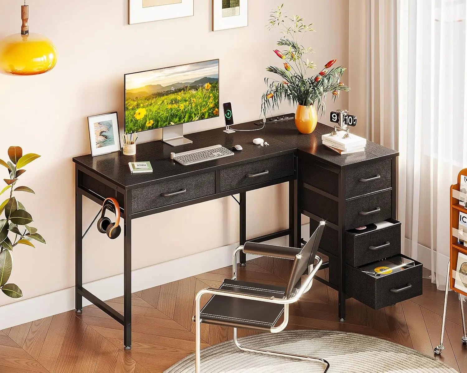 Coleshome 42 Inch L Shaped Desk with Drawers, Computer Desk with Power【L Shaped Desk with Drawers】This home office desk is equipped with 6 fabric drawers. You can put your office supplies or gaming equipments in order and dust-free. ThColeshomeNovacartL Shaped Desk