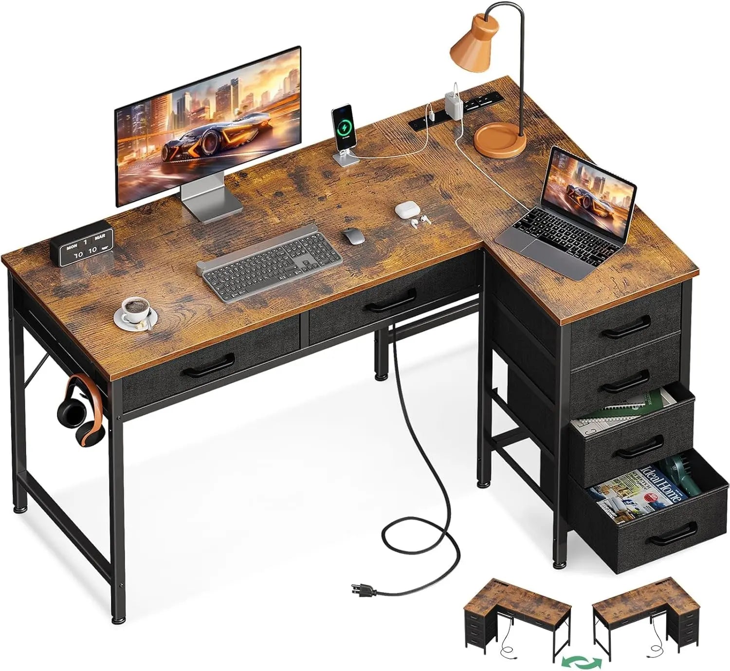 Coleshome 42 Inch L Shaped Desk with Drawers, Computer Desk with Power【L Shaped Desk with Drawers】This home office desk is equipped with 6 fabric drawers. You can put your office supplies or gaming equipments in order and dust-free. ThColeshomeNovacartL Shaped Desk