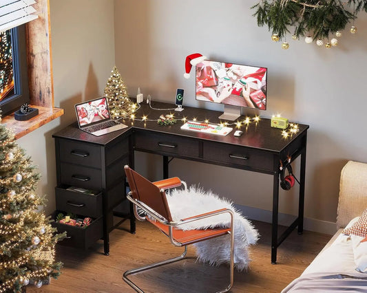 Coleshome 42 Inch L Shaped Desk with Drawers, Computer Desk with Power【L Shaped Desk with Drawers】This home office desk is equipped with 6 fabric drawers. You can put your office supplies or gaming equipments in order and dust-free. ThColeshomeNovacartL Shaped Desk