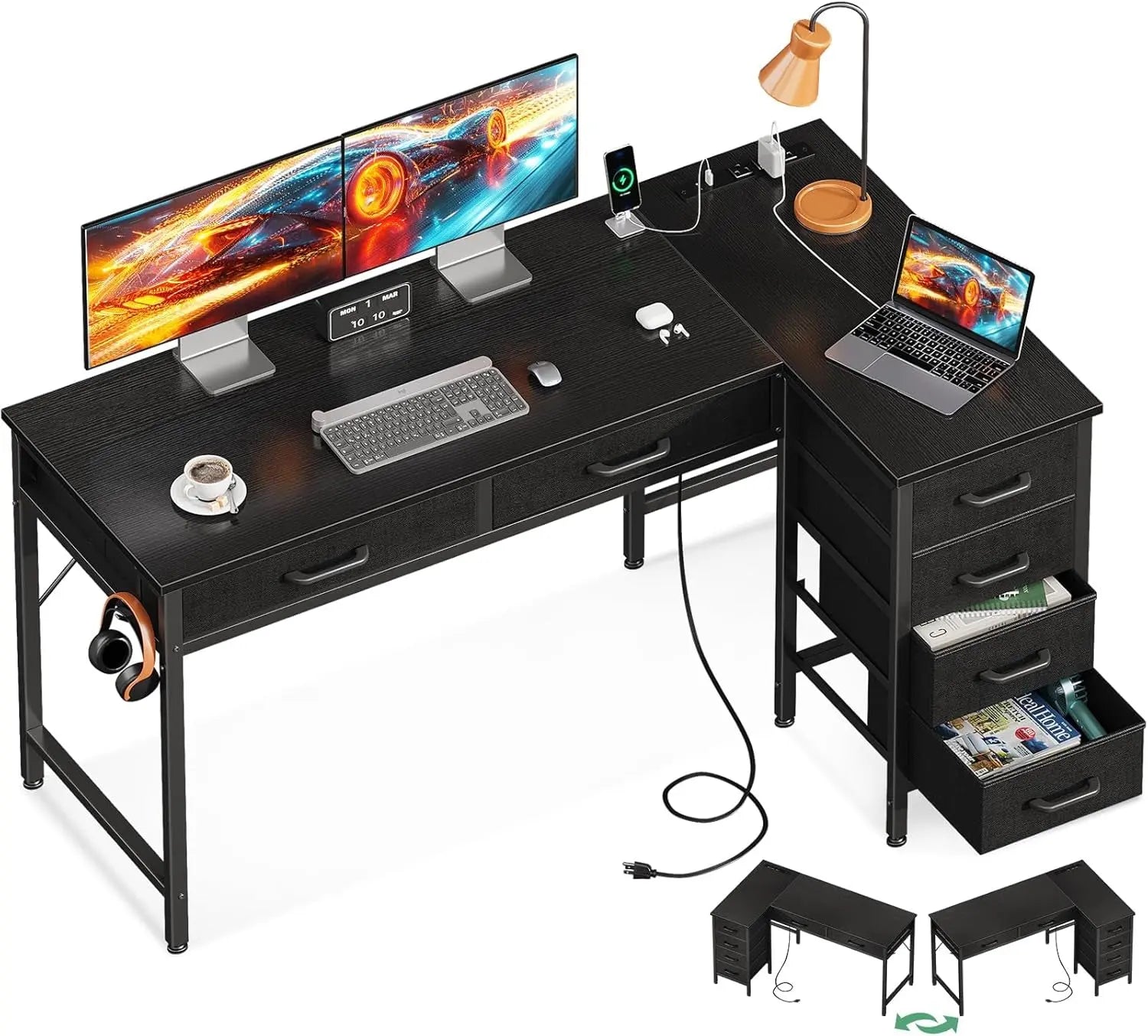 Coleshome 42 Inch L Shaped Desk with Drawers, Computer Desk with Power【L Shaped Desk with Drawers】This home office desk is equipped with 6 fabric drawers. You can put your office supplies or gaming equipments in order and dust-free. ThColeshomeNovacartL Shaped Desk