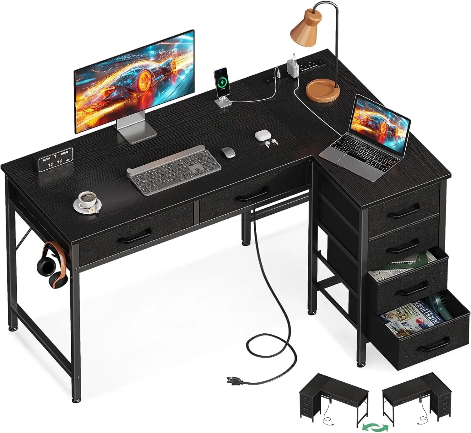 Coleshome 42 Inch L Shaped Desk with Drawers, Computer Desk with Power【L Shaped Desk with Drawers】This home office desk is equipped with 6 fabric drawers. You can put your office supplies or gaming equipments in order and dust-free. ThColeshomeNovacartL Shaped Desk