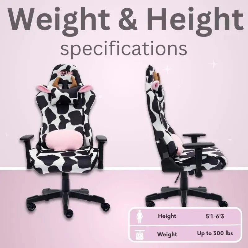 Cow Gaming ChairBlack &amp; White Cow Gaming Chair
Velvet Fabric Upholstery in Cow Print
Height Adjustable Seat with Tilt Tension Control
High-Quality Memory Foam Seat
150° Back RecNovaCartNovacartCow Gaming Chair
