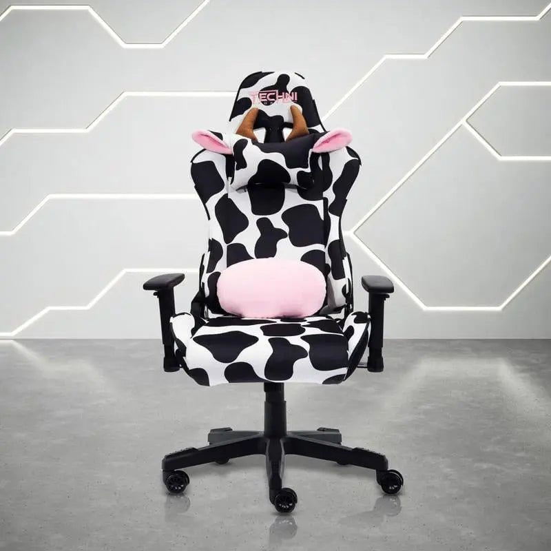 Cow Gaming ChairBlack &amp; White Cow Gaming Chair
Velvet Fabric Upholstery in Cow Print
Height Adjustable Seat with Tilt Tension Control
High-Quality Memory Foam Seat
150° Back RecNovaCartNovacartCow Gaming Chair