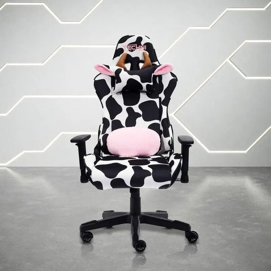 Cow Gaming ChairBlack &amp; White Cow Gaming Chair
Velvet Fabric Upholstery in Cow Print
Height Adjustable Seat with Tilt Tension Control
High-Quality Memory Foam Seat
150° Back RecNovaCartNovacartCow Gaming Chair