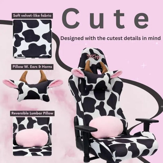 Cow Gaming ChairBlack &amp; White Cow Gaming Chair
Velvet Fabric Upholstery in Cow Print
Height Adjustable Seat with Tilt Tension Control
High-Quality Memory Foam Seat
150° Back RecNovaCartNovacartCow Gaming Chair