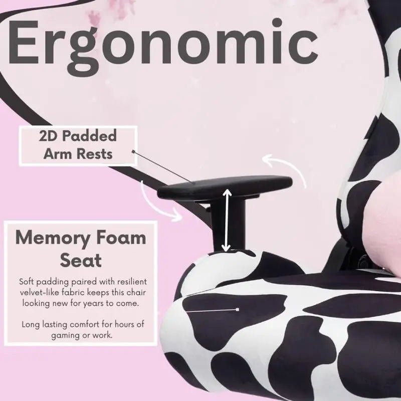 Cow Gaming ChairBlack &amp; White Cow Gaming Chair
Velvet Fabric Upholstery in Cow Print
Height Adjustable Seat with Tilt Tension Control
High-Quality Memory Foam Seat
150° Back RecNovaCartNovacartCow Gaming Chair