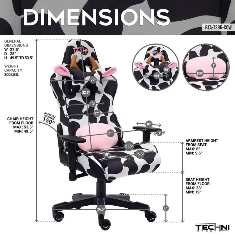 Cow Gaming ChairBlack &amp; White Cow Gaming Chair
Velvet Fabric Upholstery in Cow Print
Height Adjustable Seat with Tilt Tension Control
High-Quality Memory Foam Seat
150° Back RecNovaCartNovacartCow Gaming Chair