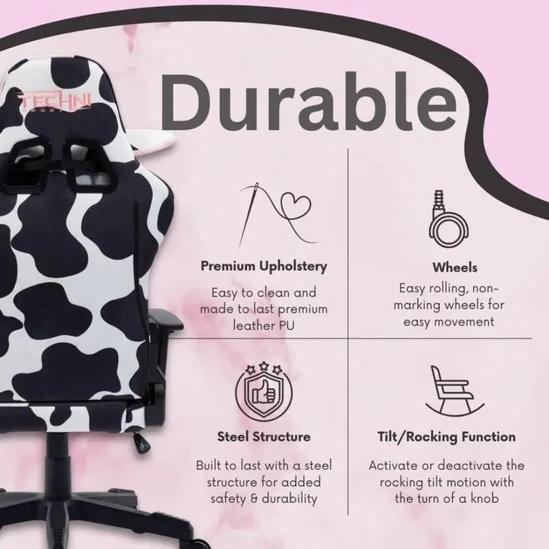 Cow Gaming ChairBlack &amp; White Cow Gaming Chair
Velvet Fabric Upholstery in Cow Print
Height Adjustable Seat with Tilt Tension Control
High-Quality Memory Foam Seat
150° Back RecNovaCartNovacartCow Gaming Chair