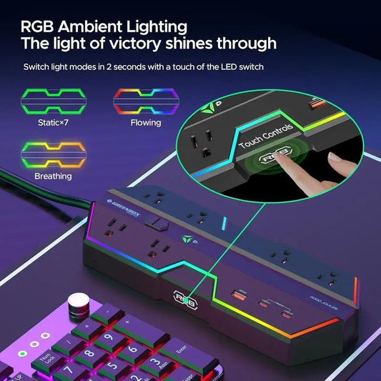 CRST RGB Gaming Power Strip with 6 AC Outlets 1 USB-A & 2 USB-C Ports 🎮 RGB Gaming Power Strip
✨ RGB Lighting Effect: The gaming power strip features RGB ambient light with four adjustable brightness levels and three modes. It createsNovaCartNovacartCRST RGB Gaming Power Strip