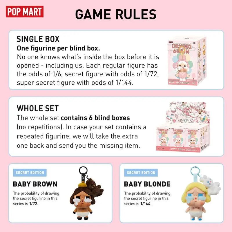 CRYBABY Crying Again Series-Vinyl Face Plush Blind Box, Mystery BoxDesigner: POP MART
Release Date: November, 2024
Material: ABS/PVC
Manufacturer recommended age: 15 years and up
Blind Box: All items are figurine products with diffeNovaCartNovacartCrying Again Series-Vinyl Face Plush