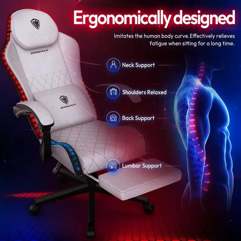 Dowinx Gaming Chair with RGB Lighting, Ergonomic Gaming Chair with FooProduct Dimensions：32.2"D x 22.4"W x 10.2"H
Colorful RGB LED Lights: This gaming chair features vibrant RGB LED lights along the backrest and seat edges. Control viaNovaCartNovacartDowinx Gaming Chair