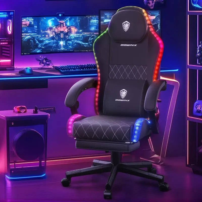 Dowinx Gaming Chair with RGB Lighting, Ergonomic Gaming Chair with FooProduct Dimensions：32.2"D x 22.4"W x 10.2"H
Colorful RGB LED Lights: This gaming chair features vibrant RGB LED lights along the backrest and seat edges. Control viaNovaCartNovacartDowinx Gaming Chair