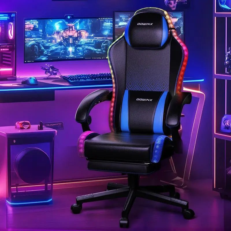 Dowinx Gaming Chair with RGB Lighting, Ergonomic Gaming Chair with FooProduct Dimensions：32.2"D x 22.4"W x 10.2"H
Colorful RGB LED Lights: This gaming chair features vibrant RGB LED lights along the backrest and seat edges. Control viaNovaCartNovacartDowinx Gaming Chair