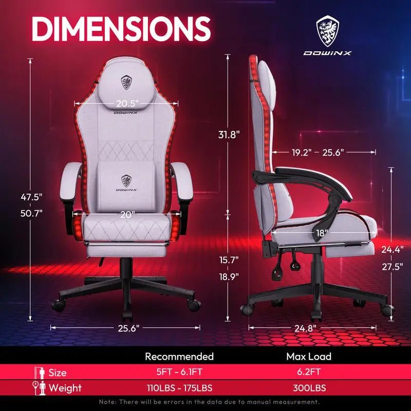 Dowinx Gaming Chair with RGB Lighting, Ergonomic Gaming Chair with FooProduct Dimensions：32.2"D x 22.4"W x 10.2"H
Colorful RGB LED Lights: This gaming chair features vibrant RGB LED lights along the backrest and seat edges. Control viaNovaCartNovacartDowinx Gaming Chair
