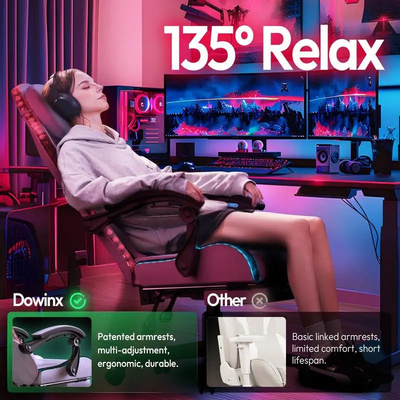 Dowinx Gaming Chair with RGB Lighting, Ergonomic Gaming Chair with FooProduct Dimensions：32.2"D x 22.4"W x 10.2"H
Colorful RGB LED Lights: This gaming chair features vibrant RGB LED lights along the backrest and seat edges. Control viaNovaCartNovacartDowinx Gaming Chair