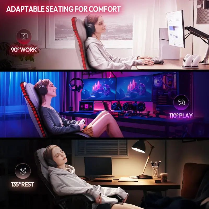 Dowinx Gaming Chair with RGB Lighting, Ergonomic Gaming Chair with FooProduct Dimensions：32.2"D x 22.4"W x 10.2"H
Colorful RGB LED Lights: This gaming chair features vibrant RGB LED lights along the backrest and seat edges. Control viaNovaCartNovacartDowinx Gaming Chair