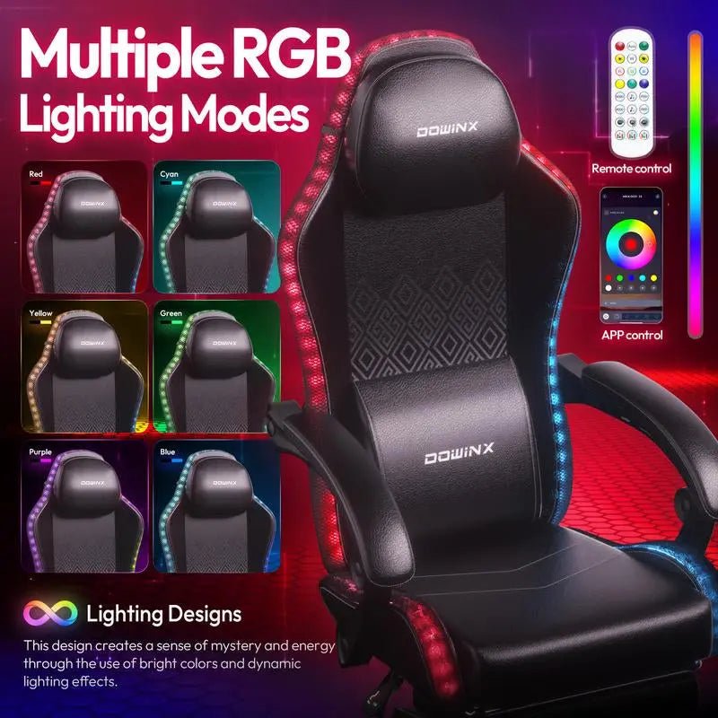 Dowinx Gaming Chair with RGB Lighting, LED Adult Gaming Chair with FooColorful RGB LED Lights: This gaming chair features vibrant RGB LED lights along the backrest and seat edges. Control via mobile Bluetooth and remote allows easy cusNovaCartNovacartDowinx Gaming Chair