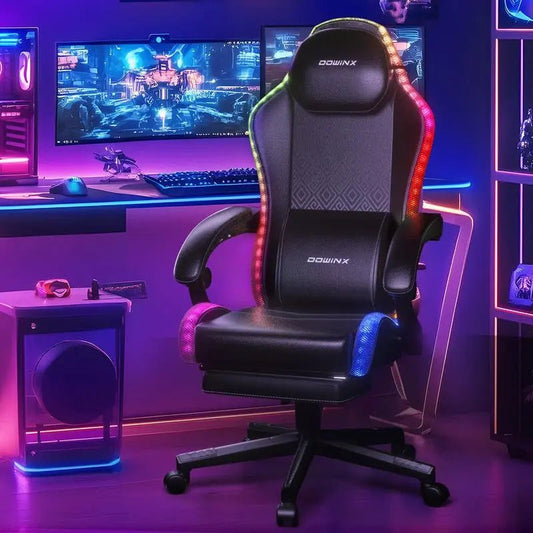 Dowinx Gaming Chair with RGB Lighting, LED Adult Gaming Chair with FooColorful RGB LED Lights: This gaming chair features vibrant RGB LED lights along the backrest and seat edges. Control via mobile Bluetooth and remote allows easy cusNovaCartNovacartDowinx Gaming Chair