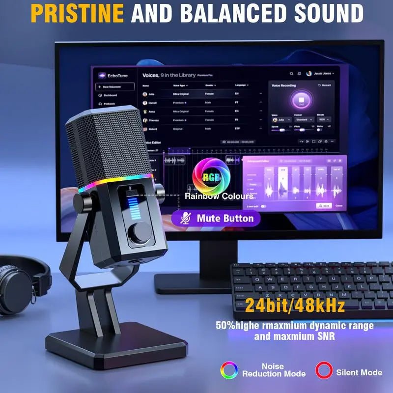 Facmogu HK2 Gaming Microphone, USB Dynamic Gaming Microphone for PC, C【Double Noise Cancellation】 The USB computer microphone with denoising technology, press the button on the back of mic to turn on the noise-reducing mode, which can NovaCartNovacartGaming Microphone