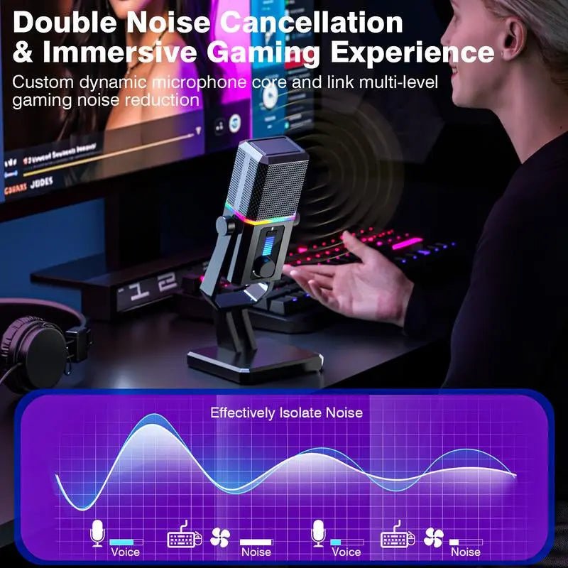 Facmogu HK2 Gaming Microphone, USB Dynamic Gaming Microphone for PC, C【Double Noise Cancellation】 The USB computer microphone with denoising technology, press the button on the back of mic to turn on the noise-reducing mode, which can NovaCartNovacartGaming Microphone