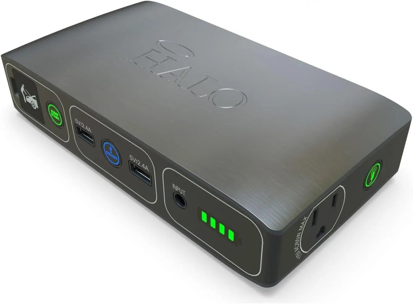 HALO Bolt 58830 ACDC Portable Car Battery Jump Starter | 58.8Wh USB PoPORTABLE PHONE, TABLET, and USB POWER BANK: Never run out of battery Two USB 2. 4V charging outputs means this iPhone, Samsung Galaxy, or iPad Portable Charger powerHALONovacartHALO Bolt 58830