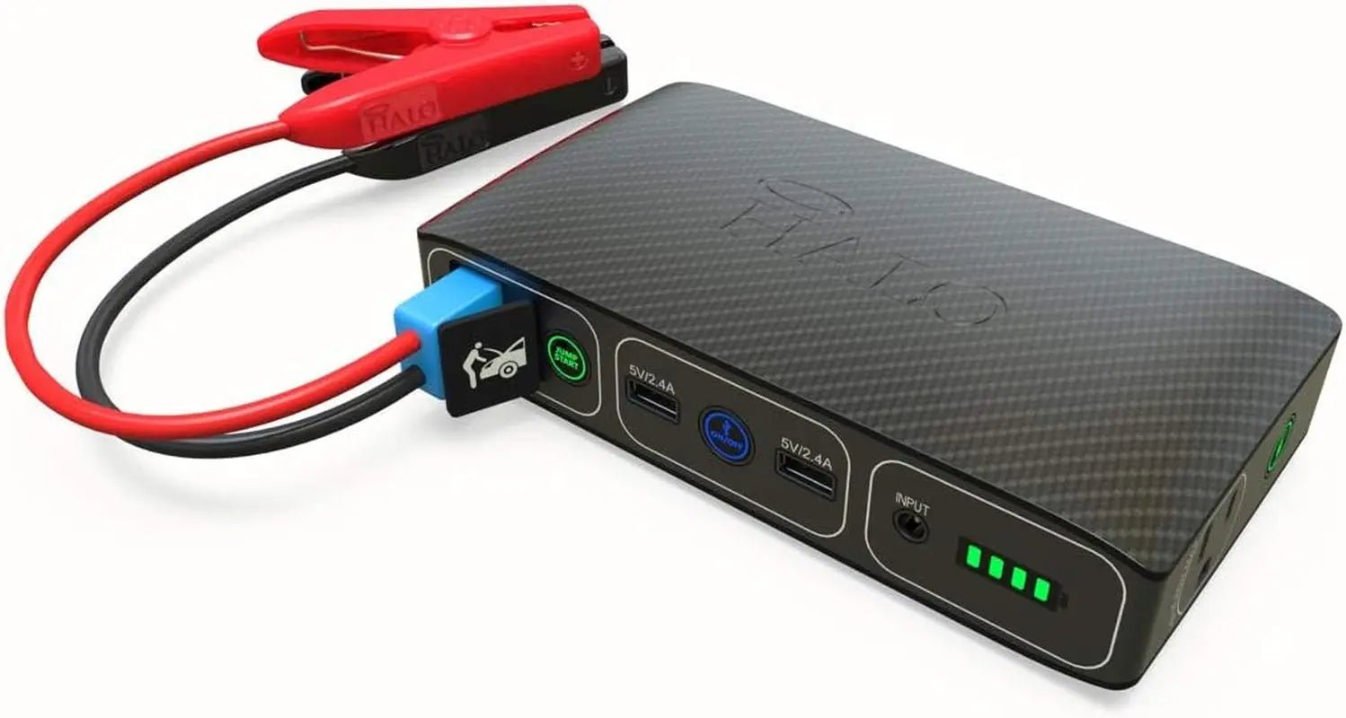 HALO Bolt 58830 ACDC Portable Car Battery Jump Starter | 58.8Wh USB PoPORTABLE PHONE, TABLET, and USB POWER BANK: Never run out of battery Two USB 2. 4V charging outputs means this iPhone, Samsung Galaxy, or iPad Portable Charger powerHALONovacartHALO Bolt 58830