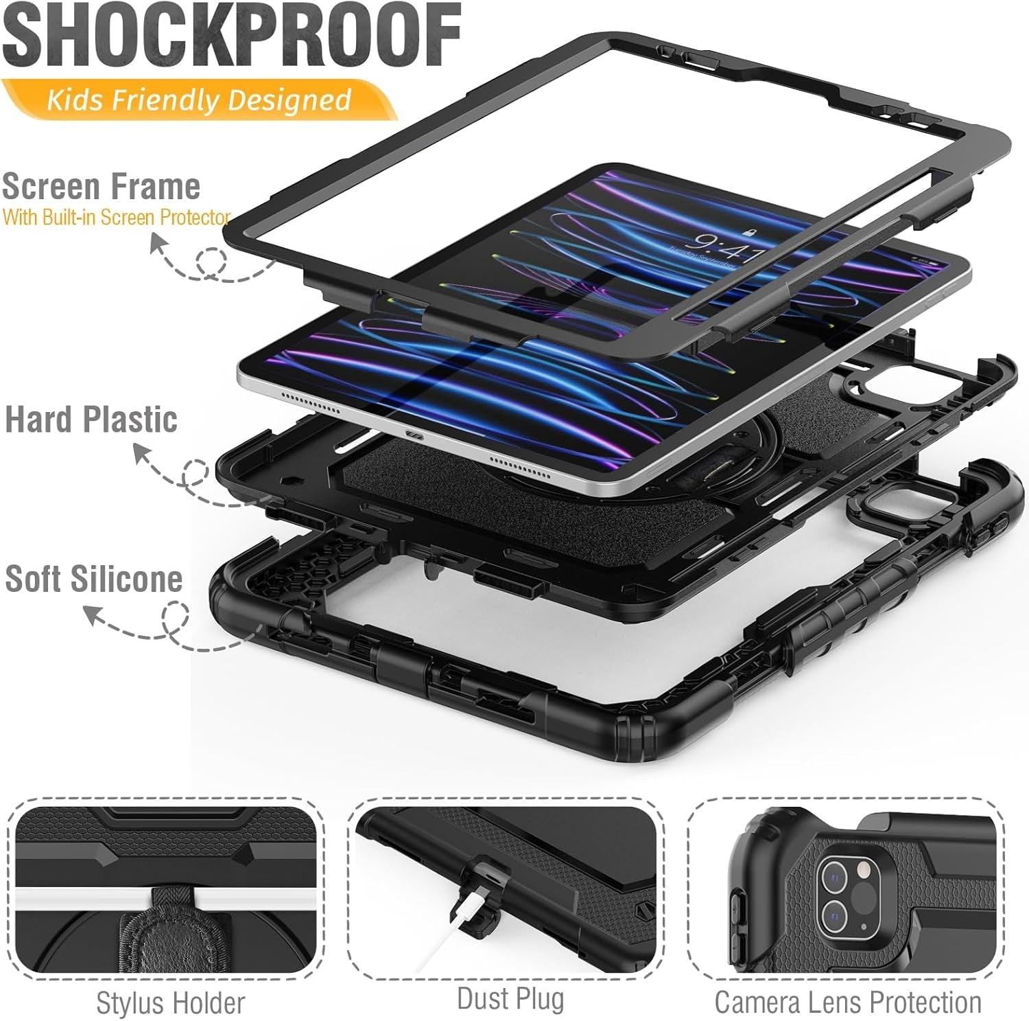 HXCASEAC Protective Case for iPad Pro 11 Inch (2022/2021/2020/2018) - Shockproof Design with Pencil Holder, Screen Protector, and Rotating Hand Strap, Compatible with iPad Pro 4th/3rd/2nd/1st Generation, Black - Novacart