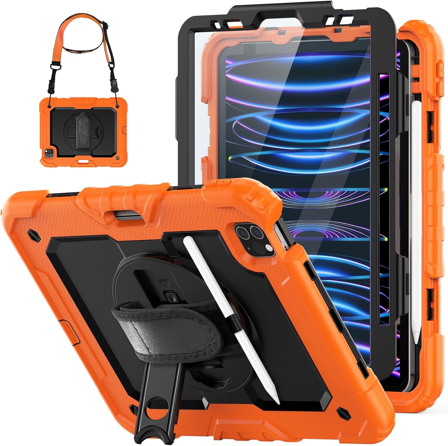 HXCASEAC Protective Case for iPad Pro 11 Inch (2022/2021/2020/2018) - Shockproof Design with Pencil Holder, Screen Protector, and Rotating Hand Strap, Compatible with iPad Pro 4th/3rd/2nd/1st Generation, Black - Novacart
