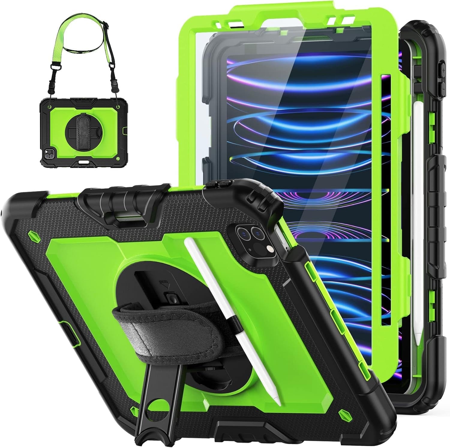 HXCASEAC Protective Case for iPad Pro 11 Inch (2022/2021/2020/2018) - Shockproof Design with Pencil Holder, Screen Protector, and Rotating Hand Strap, Compatible with iPad Pro 4th/3rd/2nd/1st Generation, Black - Novacart