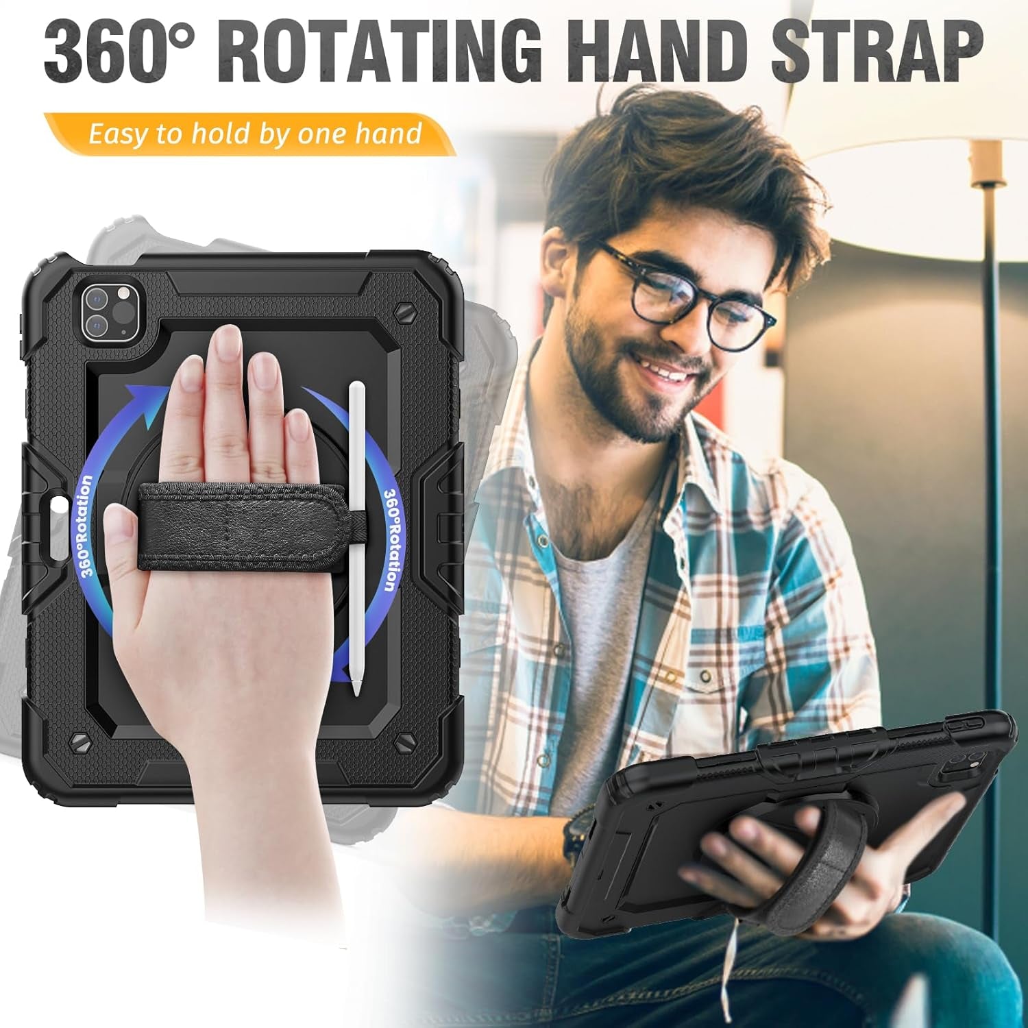 HXCASEAC Protective Case for iPad Pro 11 Inch (2022/2021/2020/2018) - Shockproof Design with Pencil Holder, Screen Protector, and Rotating Hand Strap, Compatible with iPad Pro 4th/3rd/2nd/1st Generation, Black - Novacart
