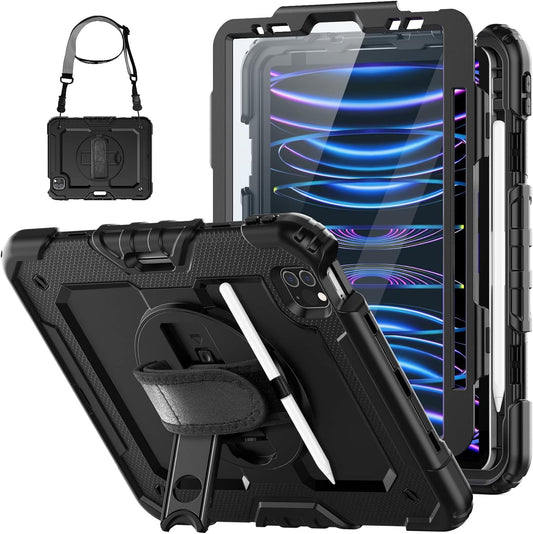 HXCASEAC Protective Case for iPad Pro 11 Inch (2022/2021/2020/2018) - Shockproof Design with Pencil Holder, Screen Protector, and Rotating Hand Strap, Compatible with iPad Pro 4th/3rd/2nd/1st Generation, Black - Novacart