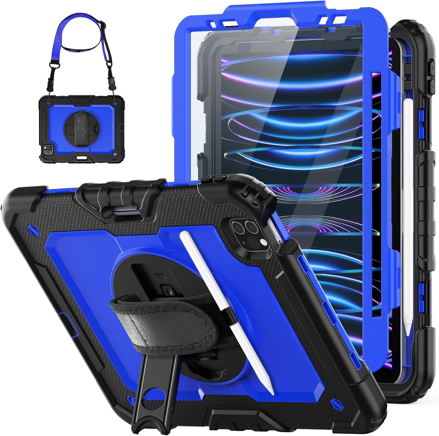 HXCASEAC Protective Case for iPad Pro 11 Inch (2022/2021/2020/2018) - Shockproof Design with Pencil Holder, Screen Protector, and Rotating Hand Strap, Compatible with iPad Pro 4th/3rd/2nd/1st Generation, Black - Novacart