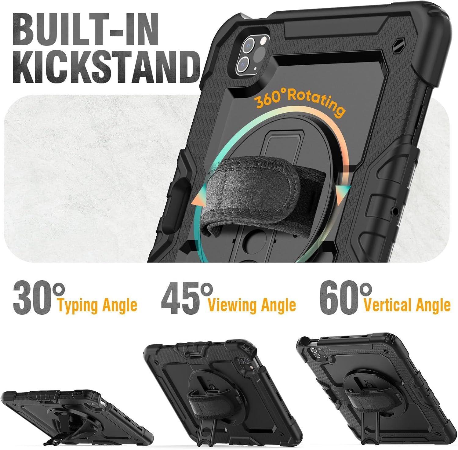 HXCASEAC Protective Case for iPad Pro 11 Inch (2022/2021/2020/2018) - Shockproof Design with Pencil Holder, Screen Protector, and Rotating Hand Strap, Compatible with iPad Pro 4th/3rd/2nd/1st Generation, Black - Novacart