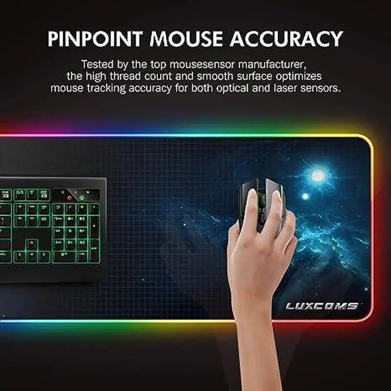 LUXCOMS RGB Soft Gaming Mouse Pad Large, Oversized Glowing Led ExtendeTurn your Desktop into a Battlestation
The geometric lines, transparent edges, and flat black surface create a professional and modern aesthetic that will transform NovaCartNovacartRGB Soft Gaming Mouse