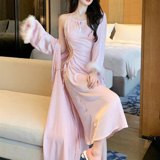 Pajamas Ladies Silk Stretch Satin Waistless Halter Dress - Novacart