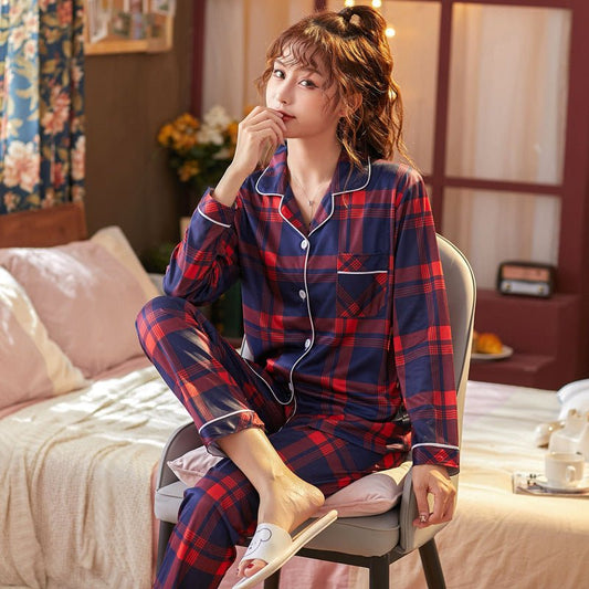 Plaid Pajama Set Long Sleeve Shirt And Full - Length Pant Pjs Lounge Sets - Novacart