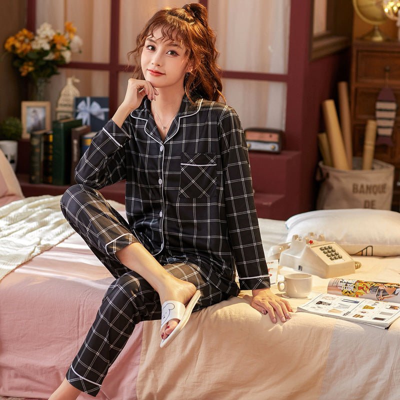 Plaid Pajama Set Long Sleeve Shirt And Full - Length Pant Pjs Lounge Sets - Novacart