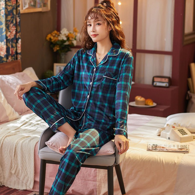 Plaid Pajama Set Long Sleeve Shirt And Full - Length Pant Pjs Lounge Sets - Novacart