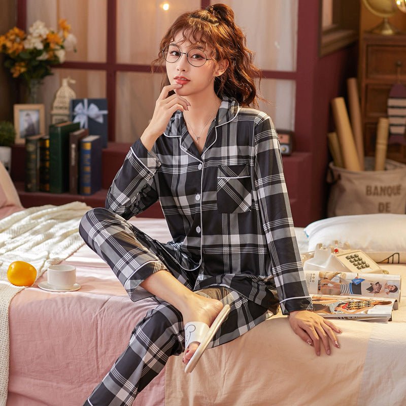 Plaid Pajama Set Long Sleeve Shirt And Full - Length Pant Pjs Lounge Sets - Novacart