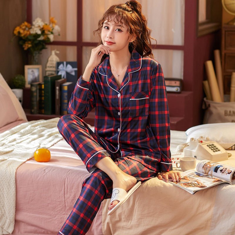 Plaid Pajama Set Long Sleeve Shirt And Full - Length Pant Pjs Lounge Sets - Novacart